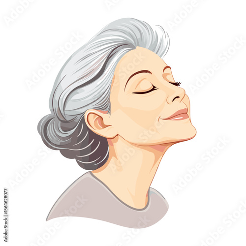 Mature woman with closed eyes relaxed profile white background illustration