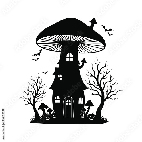 Spooky Mushroom House Halloween Silhouette Black and White Illustration