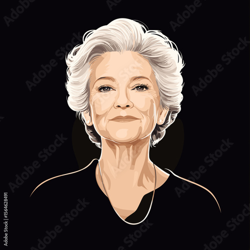 Confident mature woman smiling front view black background illustration