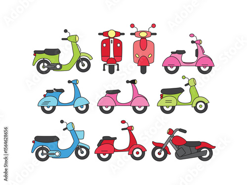 Collection of Hand Drawn Cute Scooter Illustrations with Outline