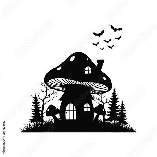Spooky Mushroom House Silhouette Halloween Clipart Black and White Forest Scene