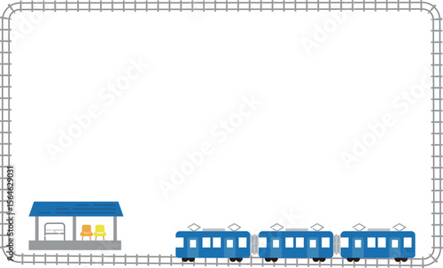 電車と駅舎のイラスト線路フレーム背景素材