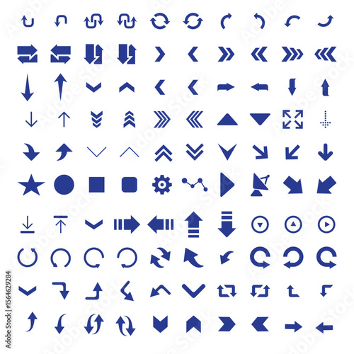 Collection of various blue arrow icons and symbols on a white background