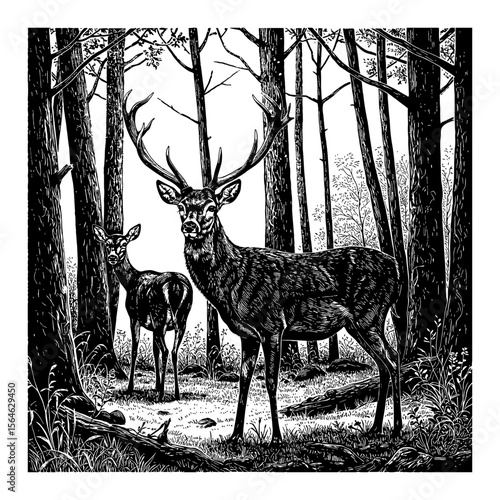Deers in Forest Black and White Outline Line Art Drawing of a Stag and Doe Wildlife Scene