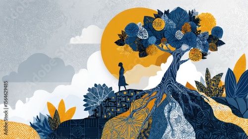 A woman walks on a hilltop under a large tree