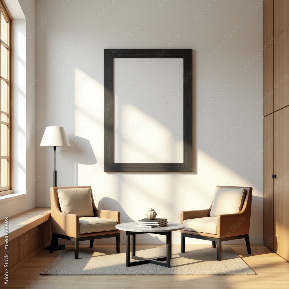 Fototapeta premium Minimalist Living Room Interior Design Mockup with Empty Frame Natural Light