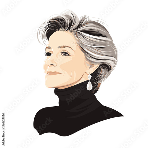 Elegant mature woman gazing up in black turtleneck white background illustration