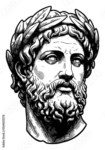 Classical Bearded Man Head Statue with Roman Laurel Head Crown in Black and White Outline Line Art Drawing