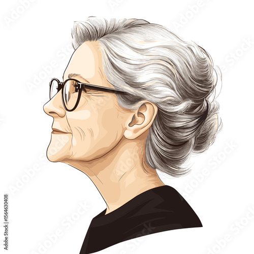 Elderly woman profile calm expression white background illustration