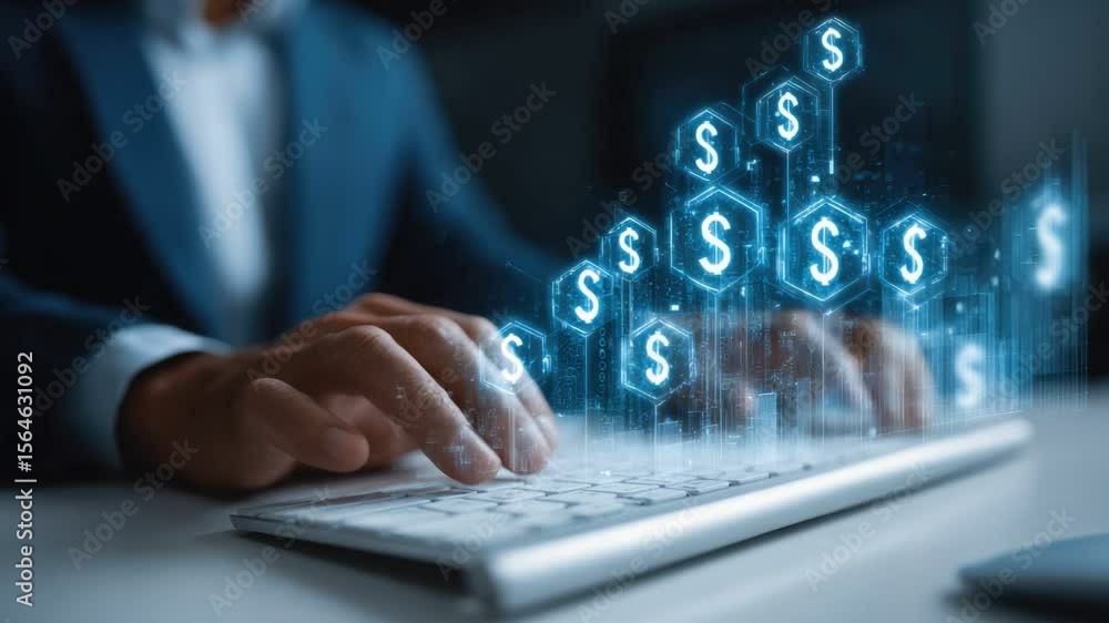 Navigating Digital Finance: A professional in a crisp suit skillfully maneuvers through the digital landscape, dollar signs illuminate around the keyboard symbolizing financial growth. Navigating Digital Finance: A professional in a crisp suit skillfully maneuvers through the digital landscape, dollar signs illuminate around the keyboard symbolizing financial growth.