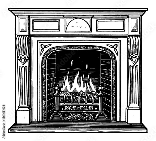 Detailed Ornate Vintage Fireplace with Burning Logs Black and White Outline Line Art Drawing Classic Antique Interior Object