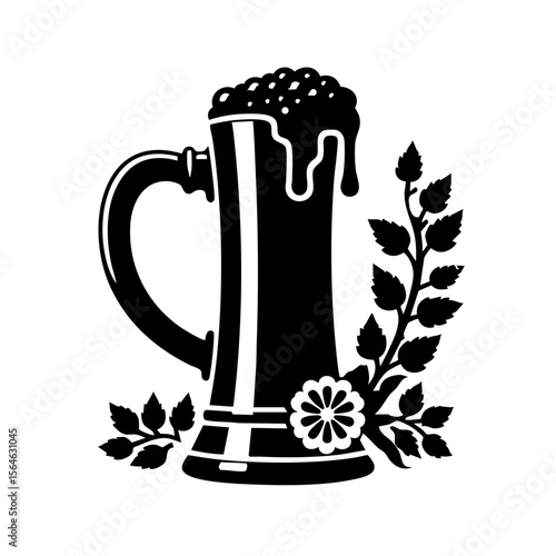 Beer mug with froth surrounded by leaves and flowers illustration  