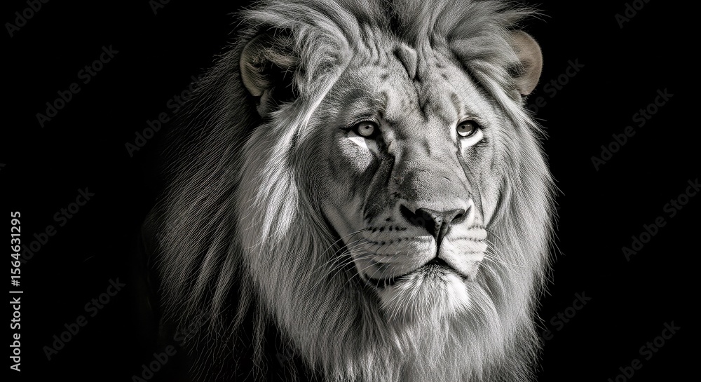 Fototapeta premium African Male Lion Portrait Greyscale Black Background Majestic Feline