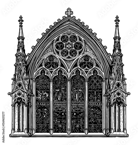 Elaborate Gothic Tracery Window Black and White Outline Line Art Drawing Architectural Design Vector