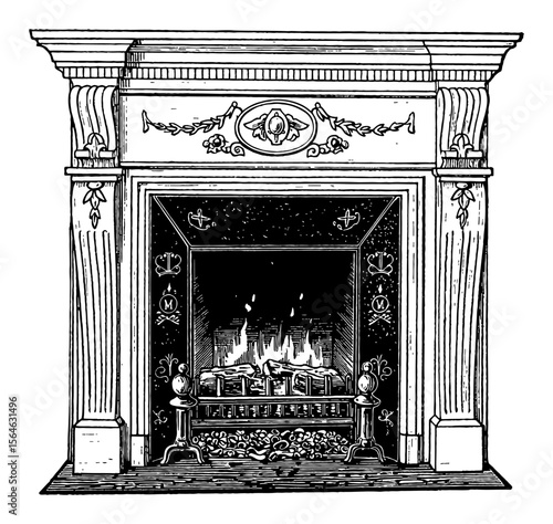 Vintage Fireplace with Burning Fire and Ornate Mantel Black and White Outline Line Art Drawing