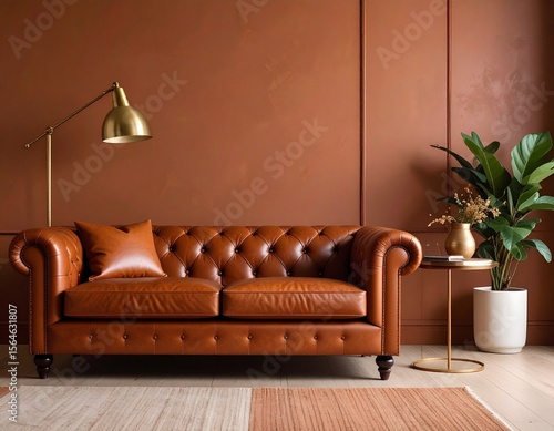 Elegant Interior with Deep Leather Couch and Vintage Brass Lighting