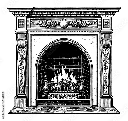 Highly Detailed Vintage Fireplace with Burning Fire Black and White Outline Line Art Drawing