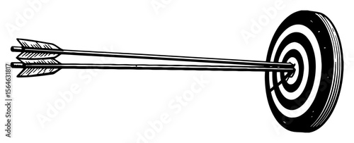 Two Arrows Hitting a Bullseye Target Dead Center Black and White Outline Line Art Drawing Achievement