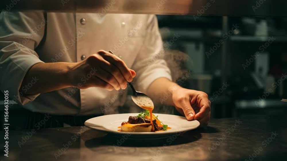 Professional chef adding sauce to gourmet dish with spoon in restaurant kitchen