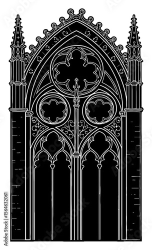 Historical Elegant Gothic Tracery Window Architecture Detail Black and White Outline Line Art Drawing