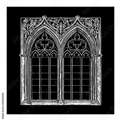 Elaborate Gothic Tracery Window with Ornate Details Black and White Outline Line Art Drawing