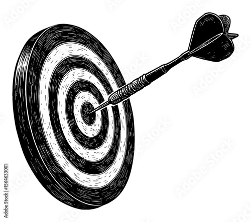 A single dart hitting dead center on a classic target board in a detailed Black and White Outline Line Art Drawing