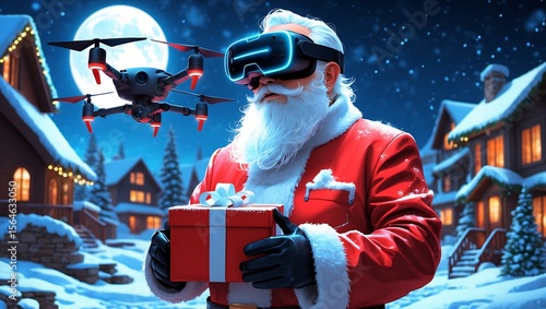Santa Claus with drone and virtual reality headset