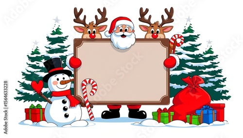 Santa reindeer snowman holding Christmas sign Santa Claus