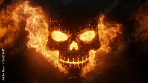 halloween concept. A fiery, glowing skull formed from intense flames surrounded by dark smoke.