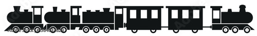 Set of railway transport. Black wagon and locomotive, Freight train with locomotive, passenger train icons collection. Black silhouette of freight trains. Vector illustration