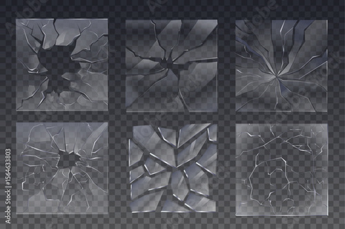 A collection of shattered glass textures displaying different cracks and fractures. Each piece features a distinct broken design, showcasing transparent qualities.
