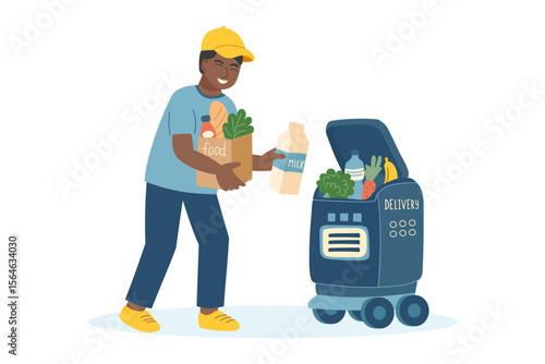 Сoncept of technology and robots delivery. The employee puts the food into the delivery robot. Vector flat background.