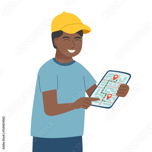 A black skin man holding device and create a route in the app. Concept of technology and travel. Vector flat clipart.
