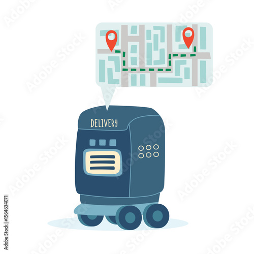 Сoncept of technology and robots delivery. A delivery robot with a loaded delivery program. Vector flat clipart.
