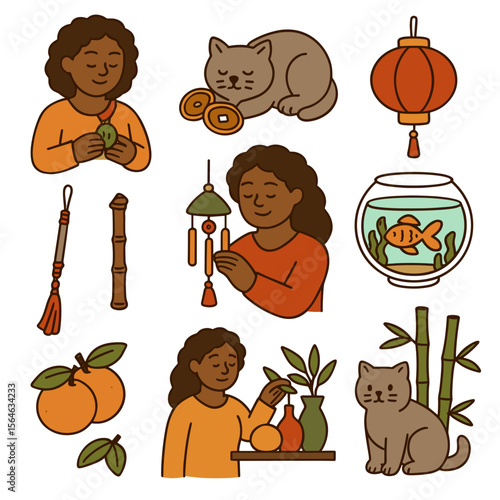 Woman engaged in activities related to Feng Shui in vector icon set isolated  