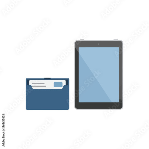 Stylized Tablet and Blue Cardholder with Visible Cards Flat Vector Design.