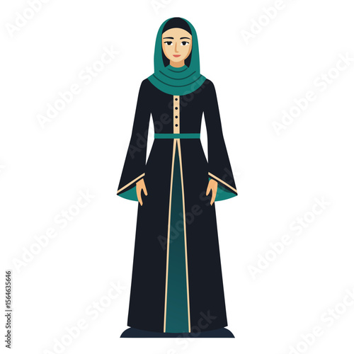 A woman in a sophisticated designer abaya with subtle detailing, symbolizing modern elegance and modest fashion