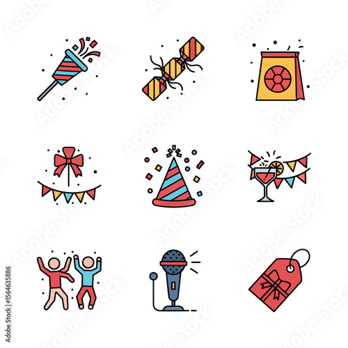Festive Celebration Icons: Party Poppers Crackers Gift Bags and Dancing Figures.
