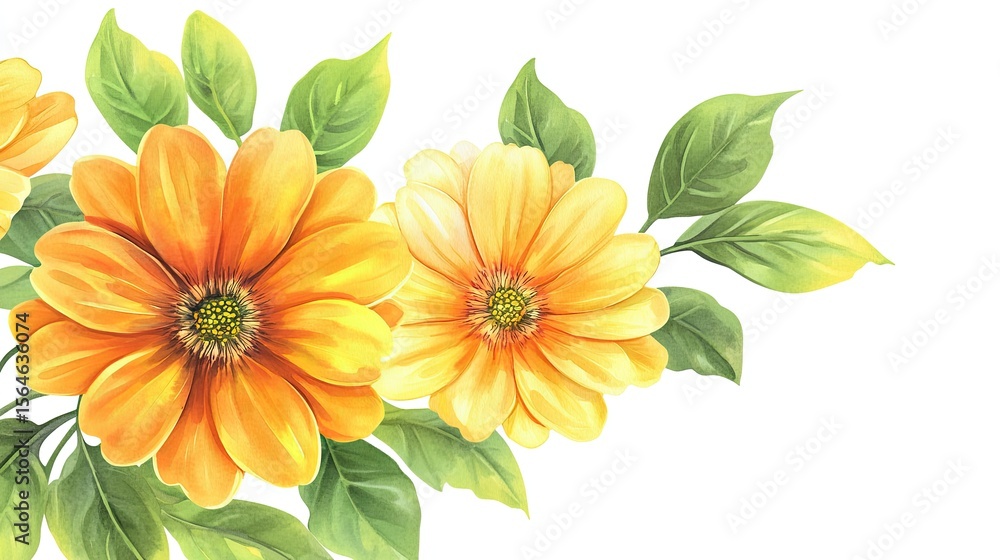Fototapeta premium 3 yellow, orange, and green flowers with leaves, vector illustration, white background,