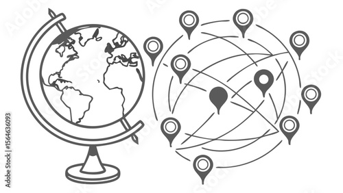 Silhouette Collection of Globes and Map Pins Isolated on Clean White Background for Travel, Location, and Navigation Vector Design