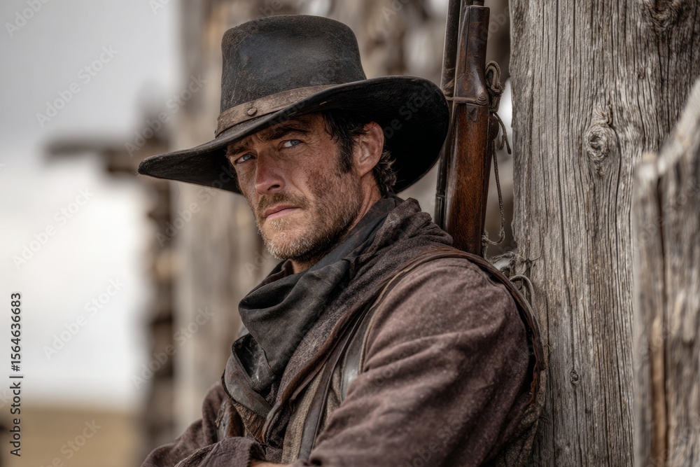 A cowboy leans against a weathered wooden post, attire full of character. His hat is tilted low, shadowing his face, as he rests a rifle on his shoulder. The landscape reflects a rugged western charm A cowboy leans against a weathered wooden post, attire full of character. His hat is tilted low, shadowing his face, as he rests a rifle on his shoulder. The landscape reflects a rugged western charm