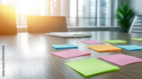 Wallpaper Mural Colorful sticky notes sunlight modern office brainstorming wooden desk empty chair morning planning creative workspace Torontodigital.ca