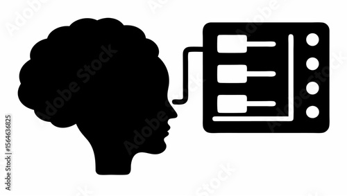 Silhouette of a head connected to a machine with multiple sliders and circular indicators visible clearly