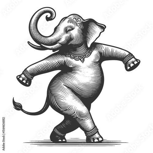 Dancing Elephant sketch engraving generative ai fictional character vector illustration. Scratch board imitation. Black and white image.