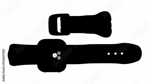 Isolated black watch band with buckle and adjustable strap showing multiple holes on a white background
