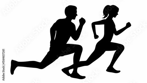 Silhouette of a man and woman running or lunging forward in a coordinated exercise routine together outdoors