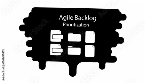 Illustration of agile backlog prioritization with folders and documents in a black dripping shape design