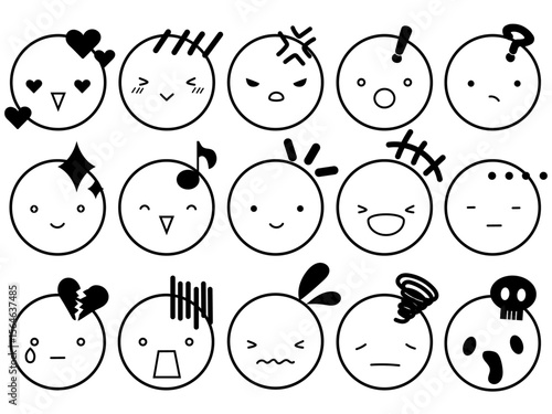 感情表現顔アイコンセット　主線あり　モノクロ　ベクターイラスト