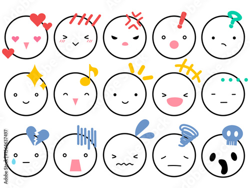感情表現顔アイコンセット　主線あり　ベクターイラスト