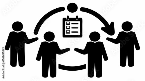Icon illustration of team collaboration with a checklist and circular workflow in black and white style